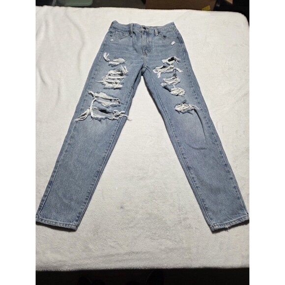 Levis Jeans Size 25x28 Womens High Waisted Mom Jean Blue Denim Distressed - Picture 1 of 9